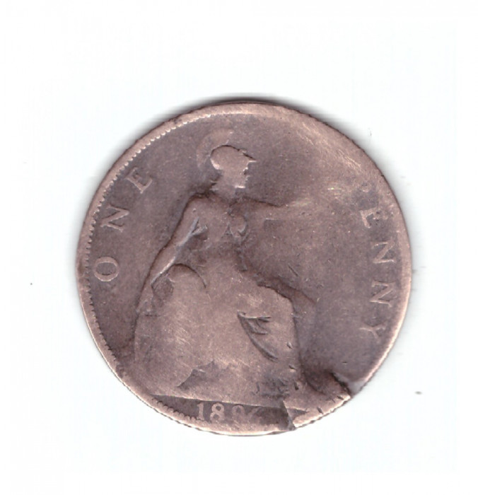 Moneda Marea Britanie 1 penny 1896, circulata, uzata, deformata, curata