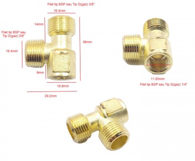 Ramificatie tip T din alama ptr. compresor 3/8&amp;quot; - 3/8&amp;quot; - 1/4&amp;quot; NR.1150 foto