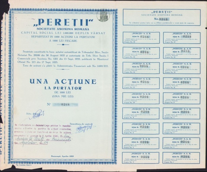 A659 Acțiune la purtător Pereții perioada regalității