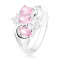 Inel de culoare argintie, brațe ramificate, zirconii ovale roz, zirconii transparente mici - Marime inel: 49