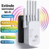 Amplificator Semnal Wi-Fi Dual Band 1200Mbps, Linomag&reg;, Range Extender Retea Wireless, 6 Antene, 2.4/5GHz, 2&times;LAN, WPS, Compatibil cu Toate Routerele,