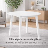 Masa living si bucatarie plianta Philadelphia, MDF, structura lemn masiv, rotunda, 4 persoane, 55 90 x 90 x 74,8 cm, alb