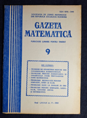 Carte - Gazeta Matematica, anul LXXXVI, nr. 9, septembrie 1981 foto