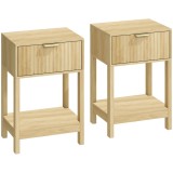 HOMCOM Set de 2 Noptiere, Măsuțe Laterale cu Sertar, Fațadă Canelată și Etajeră Deschisă, 40 x 30 x 60 cm, Stejar | Aosom Romania