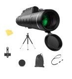 Set monocular cu trepied si suport telefon, antireflex, optica din sticla, husa