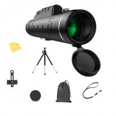 Set monocular cu trepied si suport telefon, antireflex, optica din sticla, husa