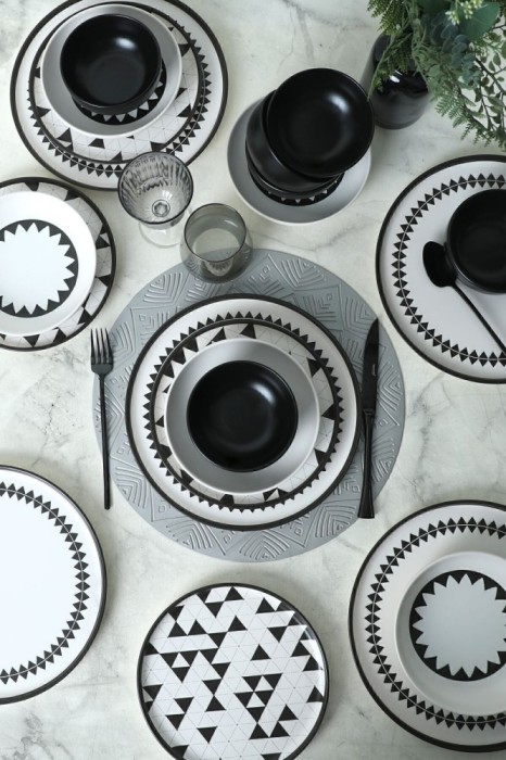 Keramika Set de vesela - Keraart Black Pattern Nordic - 24 bucăți - 6 persoane - Stoneware
