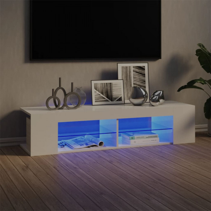 Comoda TV cu lumini LED, alb extralucios, 135x39x30 cm GartenMobel Dekor