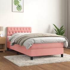 vidaXL Pat box spring cu saltea, roz, 90x200 cm, catifea foto