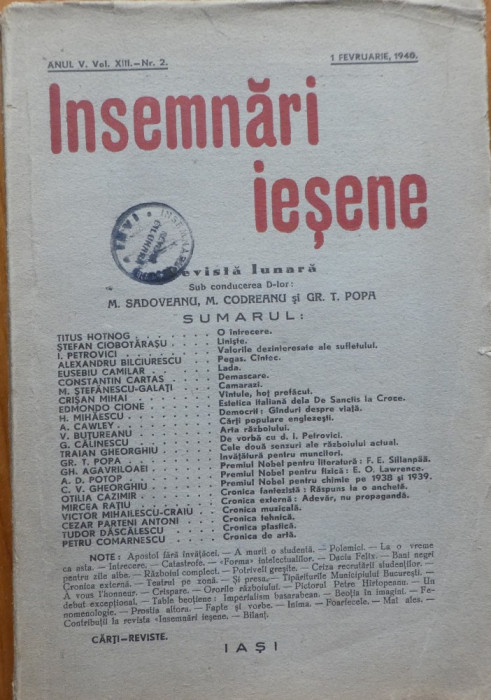 Revista Insemnari iesene , Mihail Sadoveanu , Codreanu si Gr. Popa , Febr. 1940