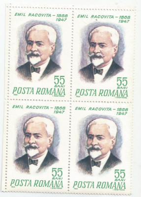 Rom&amp;acirc;nia, LP 676/1968, Centenarul nașterii lui Emil Racoviță, bloc 4 timbre, MNH foto