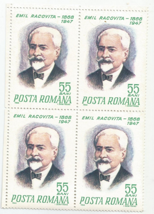 Rom&acirc;nia, LP 676/1968, Centenarul nașterii lui Emil Racoviță, bloc 4 timbre, MNH