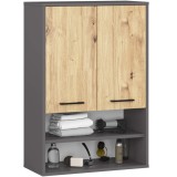 Dulap baie suspendat cu 2 usi si rafturi deschise, gri stejar artisan, 64x30x94 cm