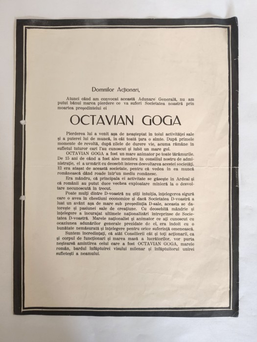 Anunt cu decesul lui Octavian Goga, membru in Consiliul de Administratie MICA / CD1P