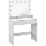 HOMCOM Masă de toaletă cu oglindă iluminată, sertare, 3 opțiuni de lumină, 10 becuri, masă de machiaj modernă &icirc;n alb | Aosom Romania
