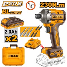 Filetanta cu Impact Profesionala 20V 230Nm Brushless INGCO CIRLI2023E, 0-2600 rpm, 0-2900 bpm, prindere 1/4", 2 acumulatori 2Ah + incarcator + accesor