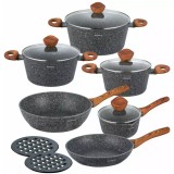 Set 6 oale din aluminiu turnat, cu strat marmorat gri, capac sticla, 16, 20,24,28cm, Klausberg