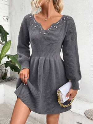 Rochie mini din tricot, cu aplicatii perle si decolteu, gri, dama, Shein foto