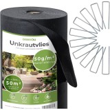 Folie agrotextil, antiburuieni, DAWIDU, permeabila, rezistenta la UV, 50 g/m2, 1m x 50m, 50 m&sup2;, Negru, 50 de ancore galvanizate, Resigilat, Grad A