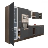 Mobilier de bucătărie Yorki 360, cu corp din stejar Yorki, fațade antracit cu finisaj satinat, cu frigider cu congelator &icirc;n partea de jos, fără blat d
