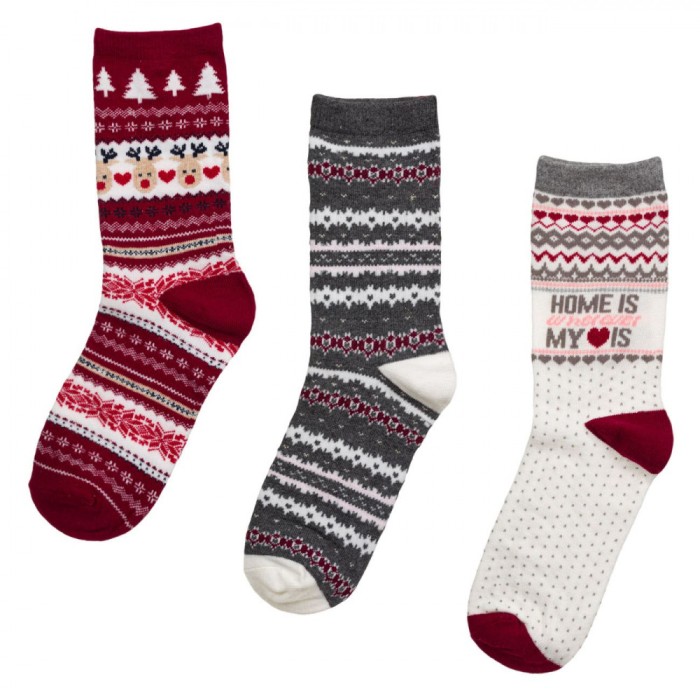 șosete Crăciun Dama, Set 3 Perechi, Multicolor, Model Ecru, Gri și Bordo
