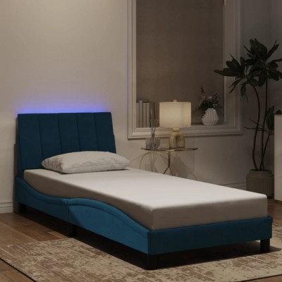 vidaXL Cadru de pat cu lumini LED, albastru, 90x190 cm, catifea foto