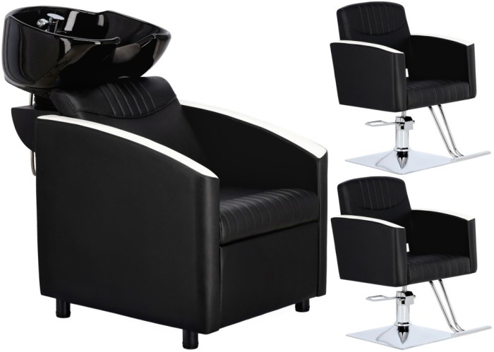 Set Profesionist Spălare Păr Cruz + 2 Scaune Coafor Hidraulice cu Accesorii Bol Ceramic