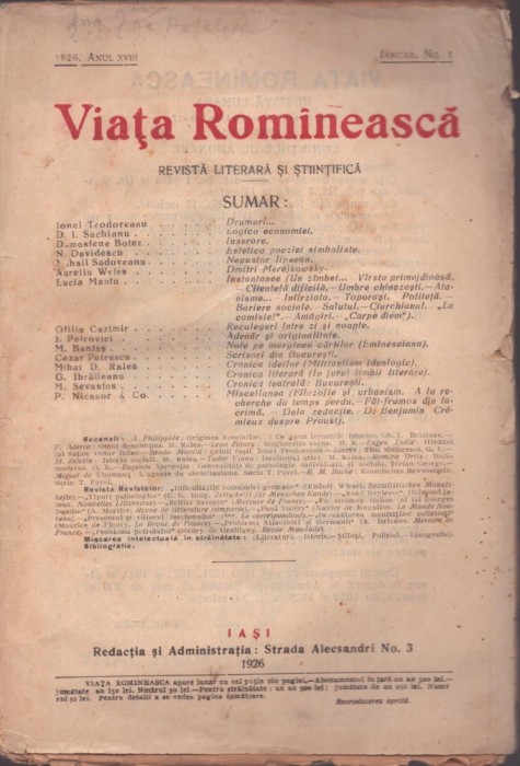 C6802N Viața Rom&icirc;nească, 1/1926, Iași