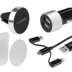 Kit De Călătorie: 2x încărcător Usb 3.1a + Cablu 3in1: Micro Usb / Lightning / Usb-c + Suport Magnetic Pentru Aerul Mers Carmotion 58620