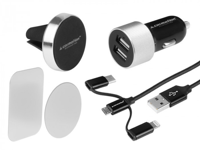 Kit De Călătorie: 2x &icirc;ncărcător Usb 3.1a + Cablu 3in1: Micro Usb / Lightning / Usb-c + Suport Magnetic Pentru Aerul Mers Carmotion 58620