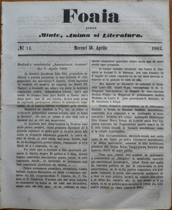 Ziarul Foaia pentru minte , inima si literatura , nr. 14 , 1862 , Klein