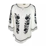 Cumpara ieftin Bluza Tip Ie Traditionala Alba cu Motiv Floral Negru de Dama - IMS119