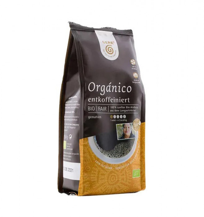 Cafea bio si fairtrade macinata Organico, decofeinizata, 250g Gepa