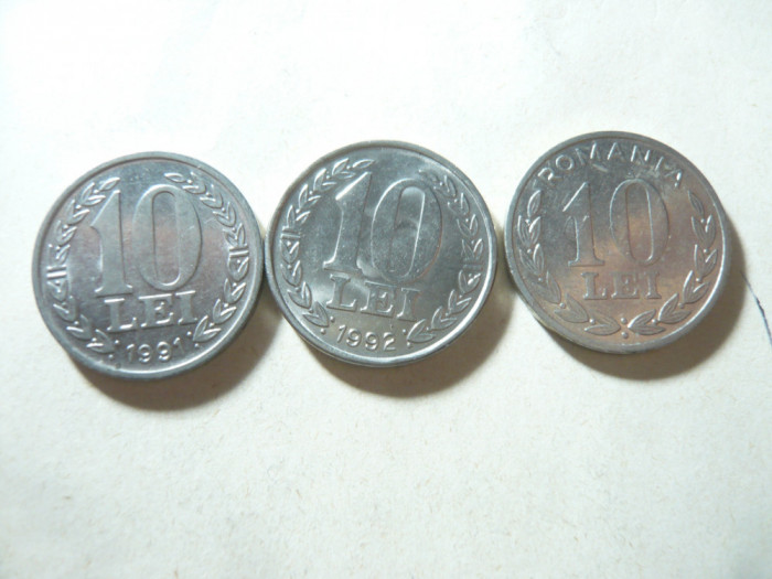 3 Monede 10 lei 1991 , 1992 si 1995 , cal. F.Buna