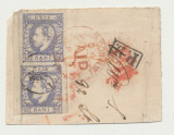 Romania 1872 Carol I cu barba impresiunea defectuoasa timbru 10 bani in pereche anulata pe fragment de plic spre Marea Britanie