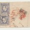 Romania 1872 Carol I cu barba impresiunea defectuoasa timbru 10 bani in pereche anulata pe fragment de plic spre Marea Britanie