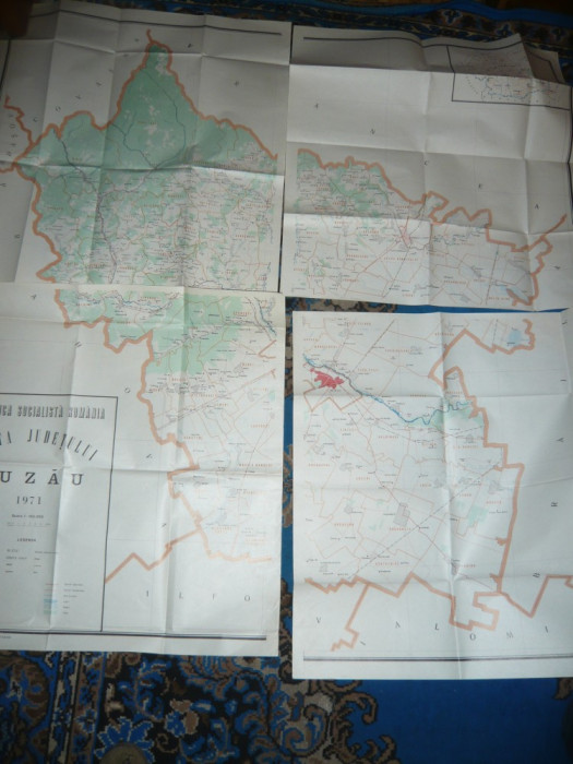 Harta mare a Judetului BUZAU 1971 4 buc. de dim.=69x65cm/buc RSR Inst. Geodezie