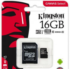 Card de memorie Kingston Canvas Select microSDHC, 16 GB, 80 MB/s Citire, 10 MB/s Scriere, Clasa 10 UHS-I + Adaptor SD foto