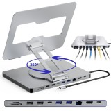 Suport laptop aluminiu reglabil 360&deg;, hub USB-C 10 porturi, 4K, &icirc;ncărcare 100W, gri