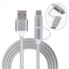 Cablu Date si Incarcare USB la MicroUSB - USB la USB Type-C Woven, 1 m, Argintiu foto