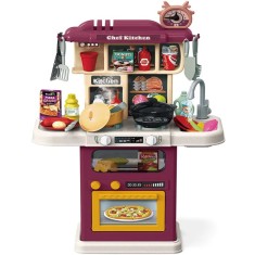 Bucatarie pentru copii WePro Store, circuit de apa real, cuptor si plita, sunete si lumini, accesorizata complet, 64 piese, Violet, 3 ani +