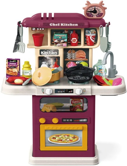 Bucatarie pentru copii WePro Store, circuit de apa real, cuptor si plita, sunete si lumini, accesorizata complet, 64 piese, Violet, 3 ani +