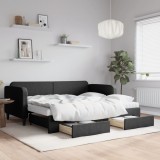 VidaXL Pat de zi cu extensie și sertare, negru, 90x190cm, textil