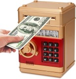 Pusculita tip Seif Electronic pentru Copii cu Cod, Lumini si Muzica, Rosu Auriu, 19x14 cm