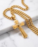 Set Lant Cubanez Placat Aur 18K si Pandantiv Cruce in Trepte cu Zirconiu Inox
