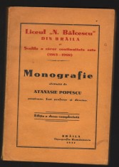 C8624 LICEUL NICOLAE BALCESCU BRAILA. MONOGRAFIE - ATANASIE POPESCU, 1937 foto