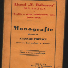 C8624 LICEUL NICOLAE BALCESCU BRAILA. MONOGRAFIE - ATANASIE POPESCU, 1937