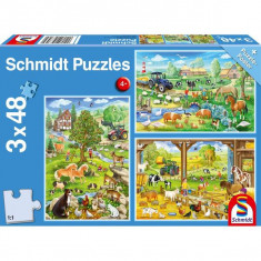 Puzzle Schmidt: La țară, set de 3 puzzle-uri x 48 piese + cadou: poster