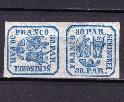 ✅ RO 1864 ,LP 13 ,&amp;quot;Principatele Unite II&amp;quot;, 30 PAR pereche 90 grade , mica decolorare o marca , pare MNH foto