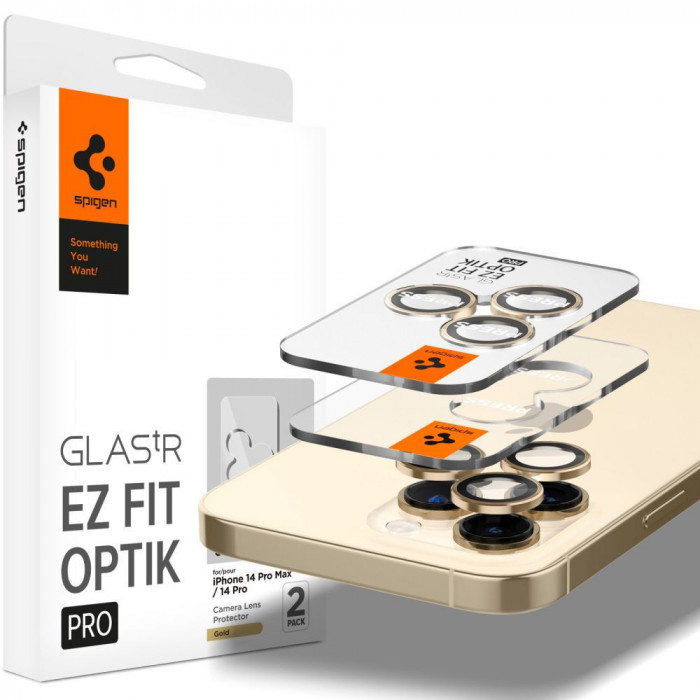Set 2 Folii de protectie camera Spigen Optik.TR pentru Apple iPhone 14 Pro/14 Pro Max Auriu